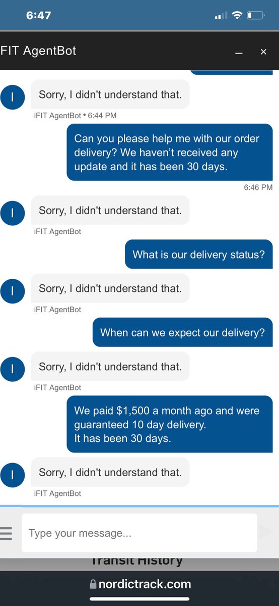 MagnusEdling's tweet photo. @NordicTrack pretty terrible customer service….
We’ve tried to call you and contact you on line with zero reply at least 15 times.
And as far as delivery goes we are in the same state.
Guaranteed 10 day delivery and it’s been 30.
With no response from you https://t.co/vAI0TH1mn9