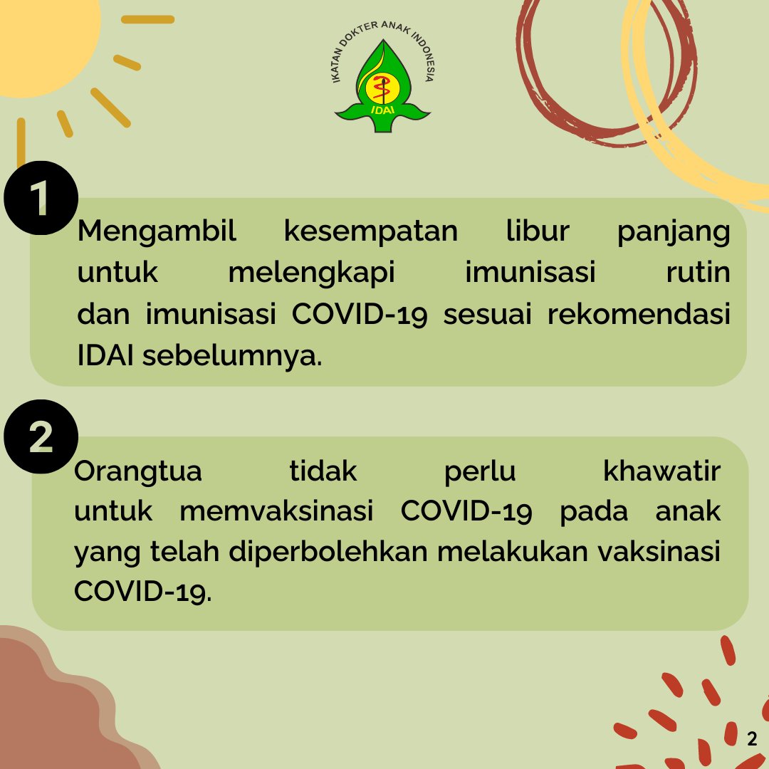 idai_tweets's tweet photo. Berikut rekomendasi dari Ikatan Dokter Anak Indonesia mengenai liburan sekolah (pemutakhiran 25 Desember 2021). Baca naskah lengkap melalui tautan berikut:
https://t.co/JQj2vyQk27
#COVID19
#RekomendasiIDAI
#IDAIStatement
#LiburanSekolah https://t.co/KX9HD0YPWM