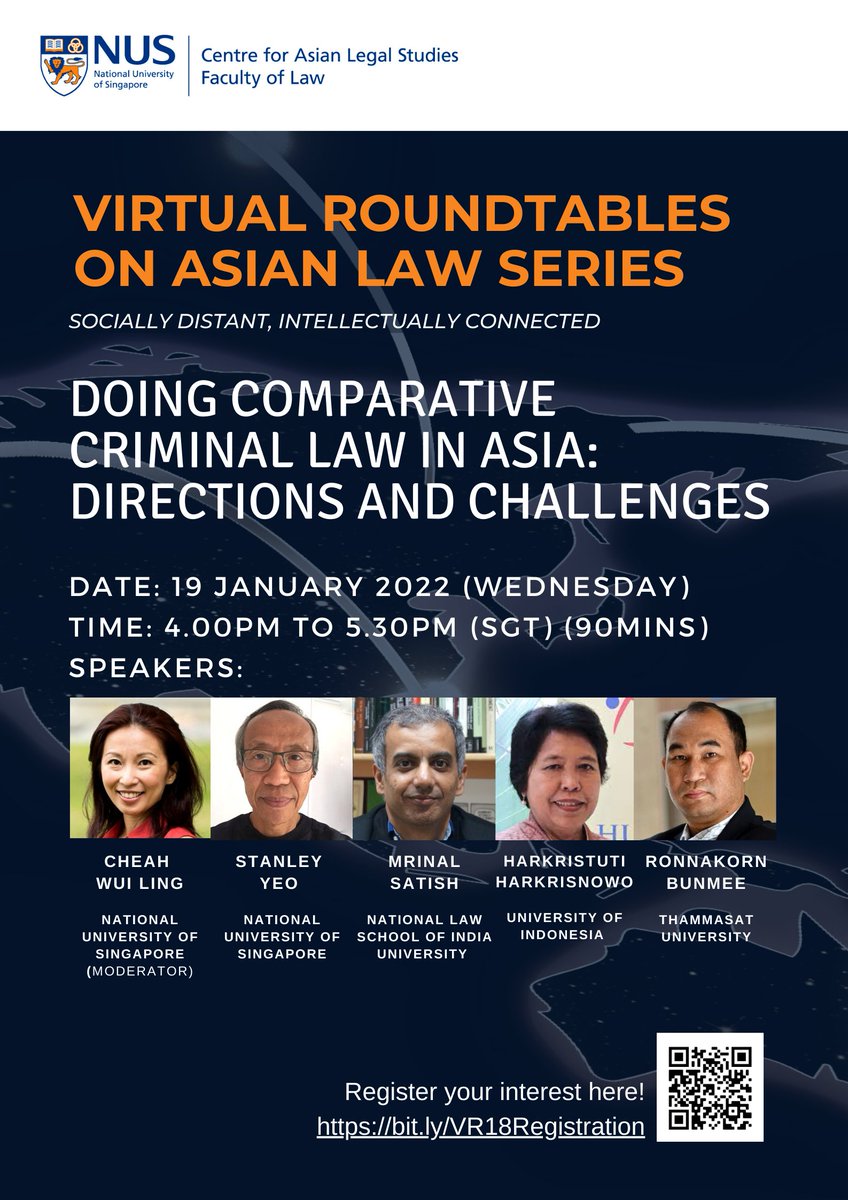 CALS_NUS's tweet image. Join us for Virtual Roundtable #18 on “Doing Comparative Criminal Law in Asia: Directions and Challenges” on 19 January 2022 (Wednesday), from 4.00pm to 5.30pm (SGT)!

Register: bit.ly/VR18Registrati…

#virtualroundtables #asianlaw #CriminalLaw #calsnus #asianlegalstudies