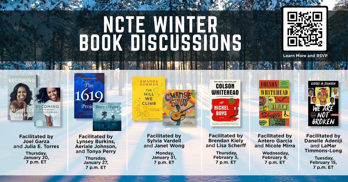 ncte's tweet photo. Members and #NCTE21 Attendees: join us for winter book discussions on titles written by presenters at the #NCTE21. Enjoy open dialogue among literacy educators, led by one or more NCTE member leaders.
https://t.co/IBsTByJ2S3
#WinterBookDiscussion #MemberBenefit #AttendeePerk https://t.co/F6DiL0Vmx1
