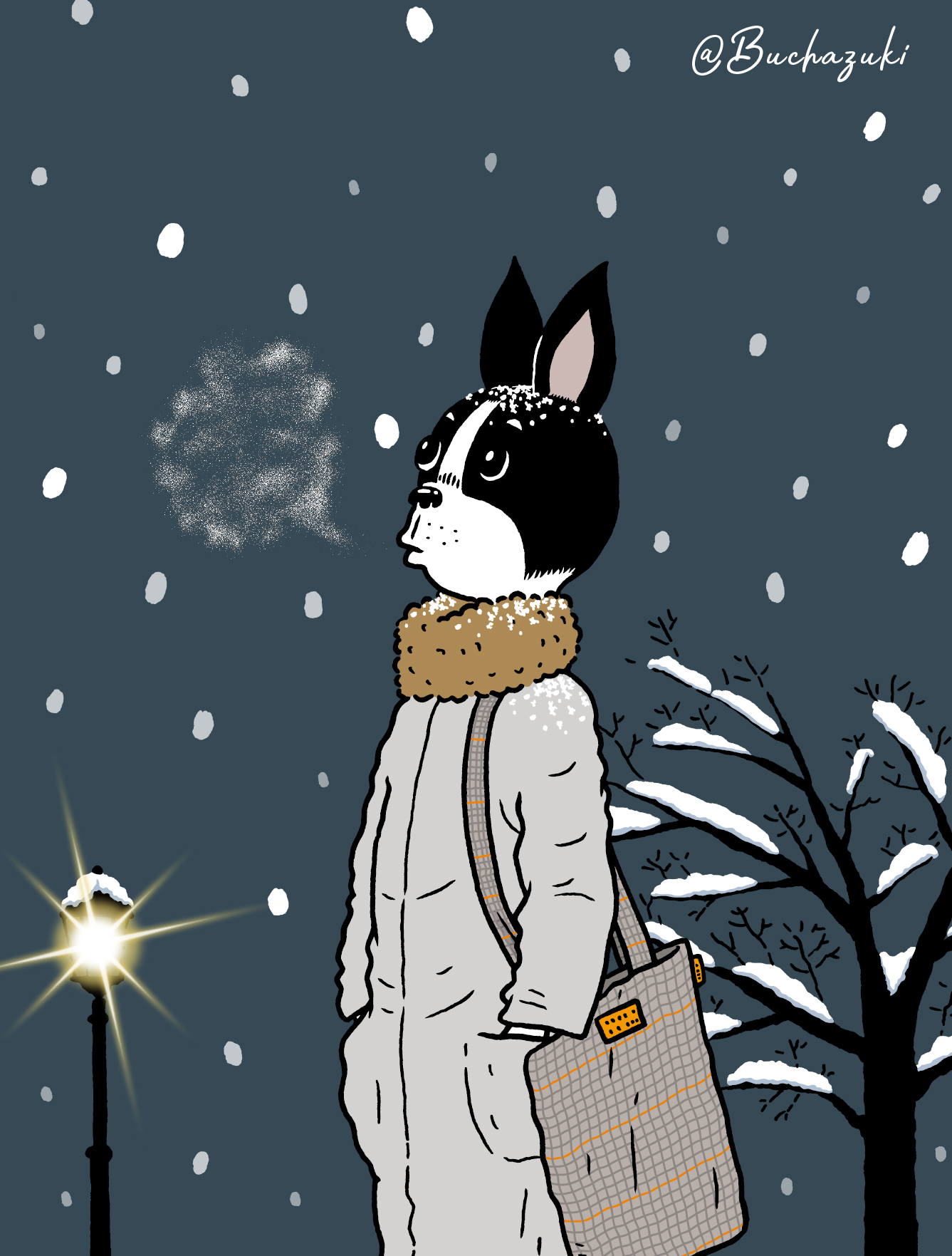 Bucha Zuki 年内最後のイラストです あっ息が白い 中掃除終わりました 窓拭きなどの水仕事は暖かくなる頃に 再度ろうかな イイね リツイート コメントなど いつも有難うございます 来年もよろしくお願いします ボストンテリア イラスト