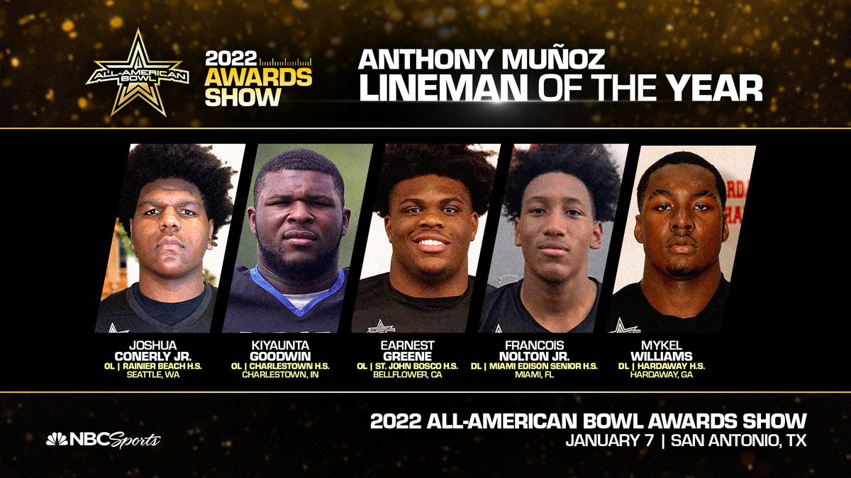 Anthony Muñoz Lineman of the Year Finalists 🏆 ➖ OL Joshua Conerly Jr. (Seattle, WA) ➖ OL Kiyaunta Goodwin (Charlestown, IN) ➖ OL Earnest Greene (Bellflower, CA) ➖ DL Francois Nolton Jr. (Miami, FL) ➖ DL Mykel Williams (Hardaway, GA) #AABXXII 🇺🇸 #AllAmericanBowl 🏈