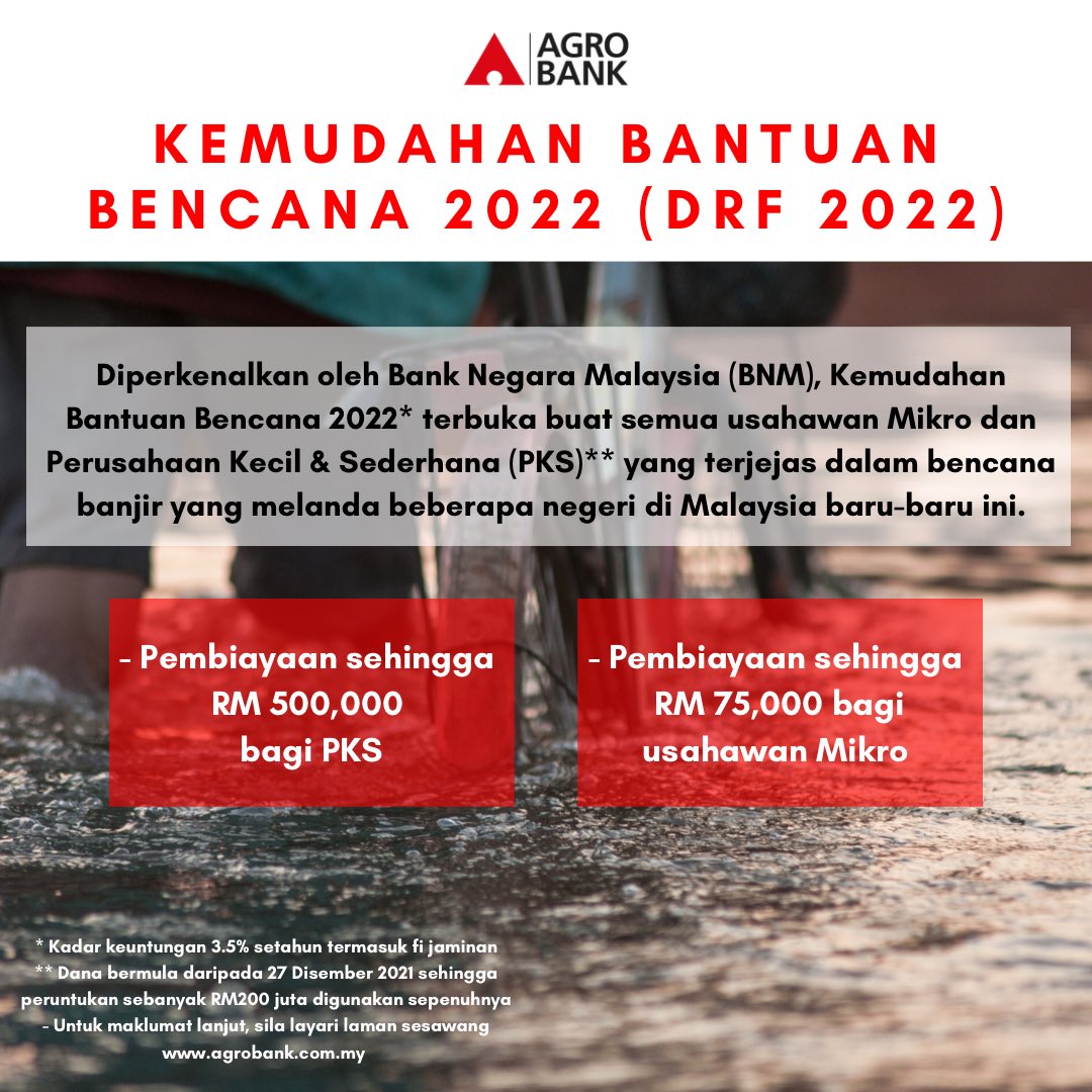 AgrobankMY's tweet photo. Kemudahan Bantuan Bencana 2022 (DRF 2022)

Seperti diumumkan @BNM_official baru-baru ini, Kemudahan Bantuan Bencana adalah kemudahan pembiayaan khas diberikan kpd Perusahaan Kecil &amp; Sederhana (PKS) dan Usahawan Mikro yg terjejas akibat bencana khususnya banjir yg melanda negara. https://t.co/G3xqPwMqsk