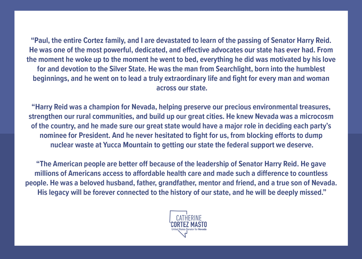SenCortezMasto's tweet photo. My full statement on the passing of Harry Reid: https://t.co/FHB7gNI1CI