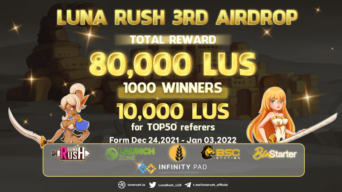 🔥 Luna Rush 3rd #Airdrop (LUS)
⭐️⭐️⭐️⭐️⭐️
💰 Reward: 80,000 LUS for 1,000 lucky 
👥 Referral: 10,000 LUS for top 50 referrers

🔗 Airdrop Link: gleam.io/N7VVS/lunarush…

• Follow <a href="/LunaRush_LUS/">Luna Rush</a>

🌐 About Luna Rush: Visit – lunarush.io