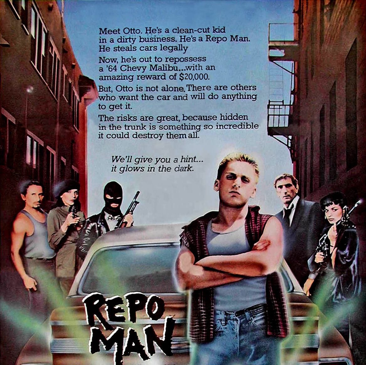 cinematicanarc1's tweet photo. REPO MAN

1984 Sci-fi/Comedy 

Repo man stars Emilio Estevez as Otto, suburban punk Rocker Who is conned into a gig as a repo Man by bud, played by Bud, involving car chases, violence, and a mysterious Chevy Malibu, with ties to extraterrestrials.  
#cultfilm #vhsclassic https://t.co/3YKCG8Uy4Y