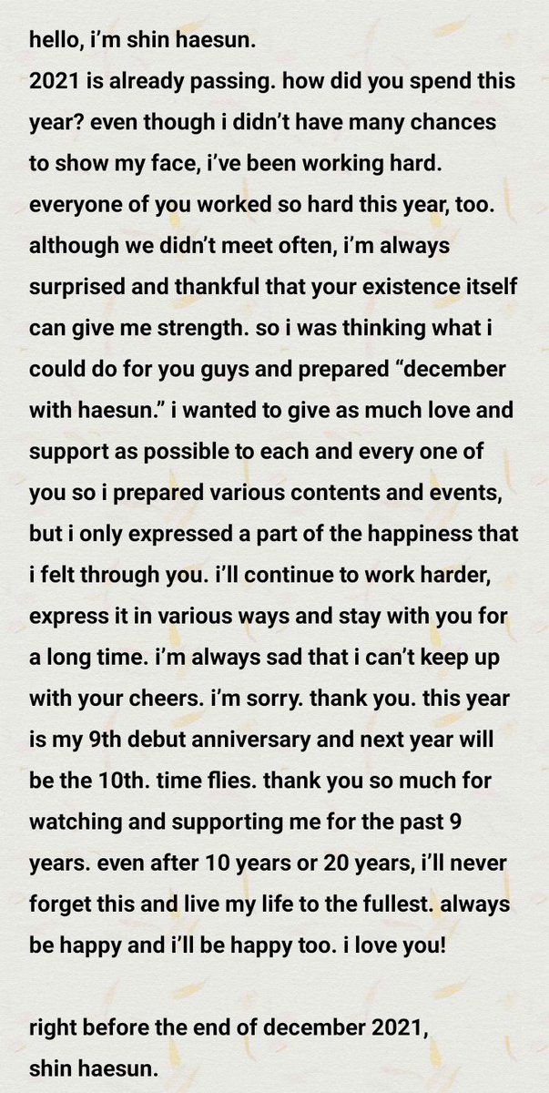 haesunzip's tweet photo. 💌 from haesun
“i wanted to give as much love and support as possible to each and every one of you so i prepared various contents and events, but i only expressed a part of the happiness that i felt through you.” https://t.co/7w5gdhzhNO