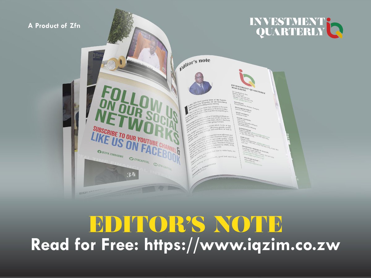 IQZimbabwe's tweet photo. The Editor's Note Free Online
by @jamatongowona
https://t.co/GCWIaTts8j
DOWNLOAD YOUR SOFT COPY TODAY.
Available on https://t.co/2KiF8xqThw
#banking #Bank #Digitalplateform #profit #opportunity #bankingtrends #21stcentury #legendofbanking 
#creativeinspiration #CovidVaccine https://t.co/dIx3tzpDkp