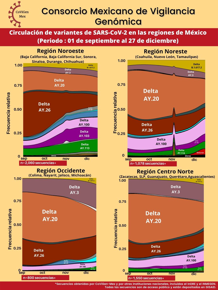 CoViGenMex's tweet photo. Circulación de variantes de SARS-CoV-2 en las regiones de México 

🗓️1 de septiembre al 27 de diciembre 

#CoViGenMex https://t.co/aW8KlP14ck
