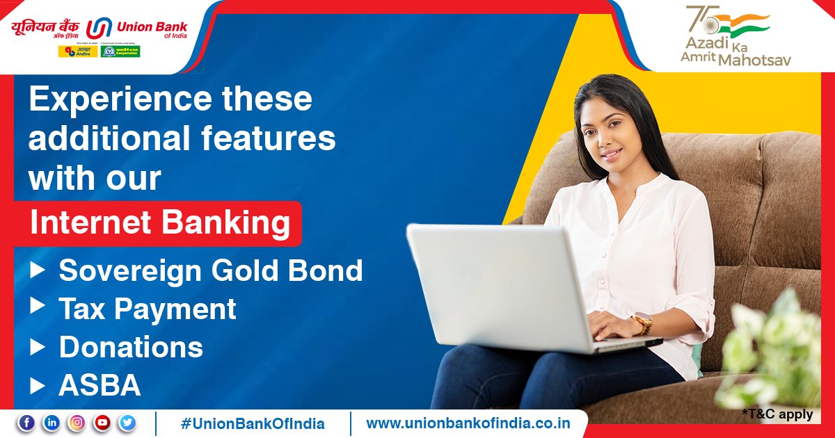 UnionBankTweets's tweet photo. #UnionBankOfIndia provides you with the ease of Internet Banking along with some additional features like apply for Sovereign Gold Bond, Tax Payment, Donations and ASBA with just a few clicks. Know more here:  https://t.co/xodGUqGfBa #DigitalApnayen #AmritMahotsav https://t.co/cZPEMBiFG1