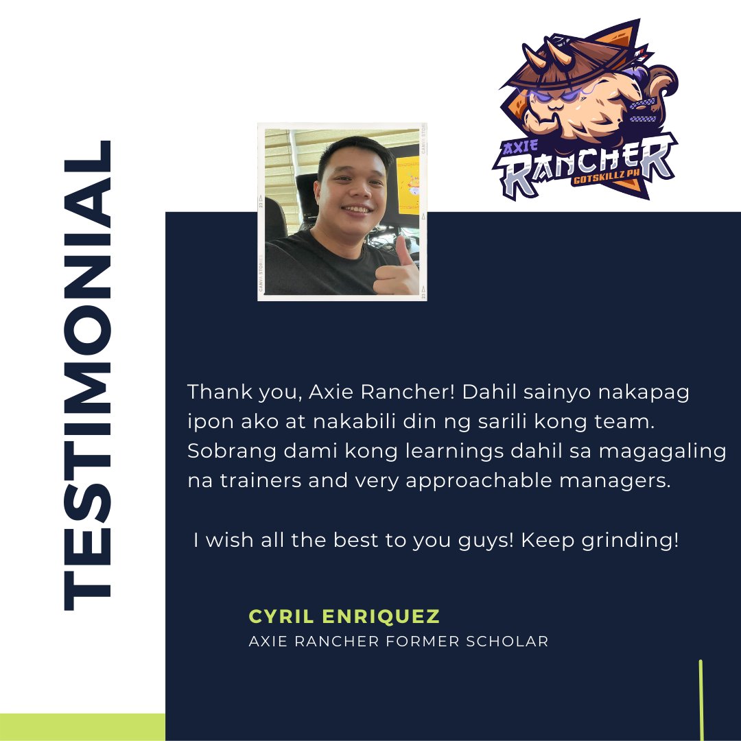 axierancher's tweet photo. "Thank you, Axie Rancher! Dahil sainyo nakapag-ipon ako at nakabili din ng sarili kong team. Sobrang dami kong natutunan about sa axie dahil sa magagaling na trainers and very approachable managers. I wish all the best to you guys! Keep grinding!" 

#Axie #AxieInfinity https://t.co/ZkZlCMWRRc