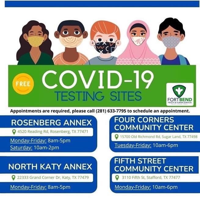 FBC_Judge's tweet photo. The best defense against COVID is to get tested, get vaccinated, and protect yourself and others. Testing for the public is available at 4 locations (Rosenberg Annex, Fifth Street, Four Corners, Katy Annex).  Schedule your appointment today, call (281) 633-7795. #COVIDtesting https://t.co/TFTnrNsyau