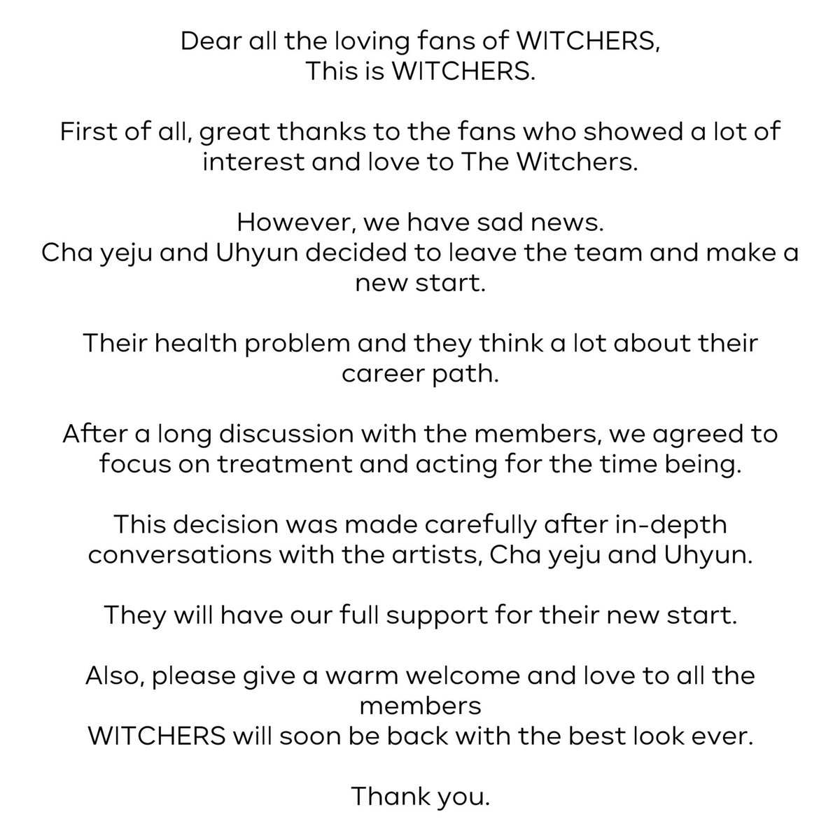 nugupromoter's tweet photo. WITCHERS have shared that Yeju &amp; Uhyun have decided to leave the group due to health problems and focusing on different careers 

They also shared that the group will be back soon and will show their best side https://t.co/yjcOIWgKAc
