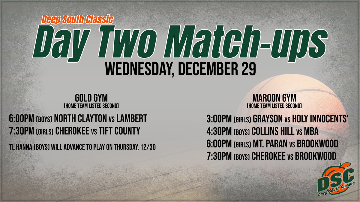 Day 2 Schedule: 30th Annual Deep South Classic at Brookwood High School.