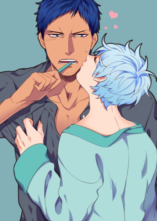 Kuroko who was 19, was living with his Bestfriend and boyfriend, for about a year now. He woke up to feelAomine wasn’t in bed so he stumbled into the bathroom as he clung to Aomine. 

“…Mm… mornin’..” 

He blushed softly as he kissed Aomine’s cheek lovingly but tiredly 

#knbrp