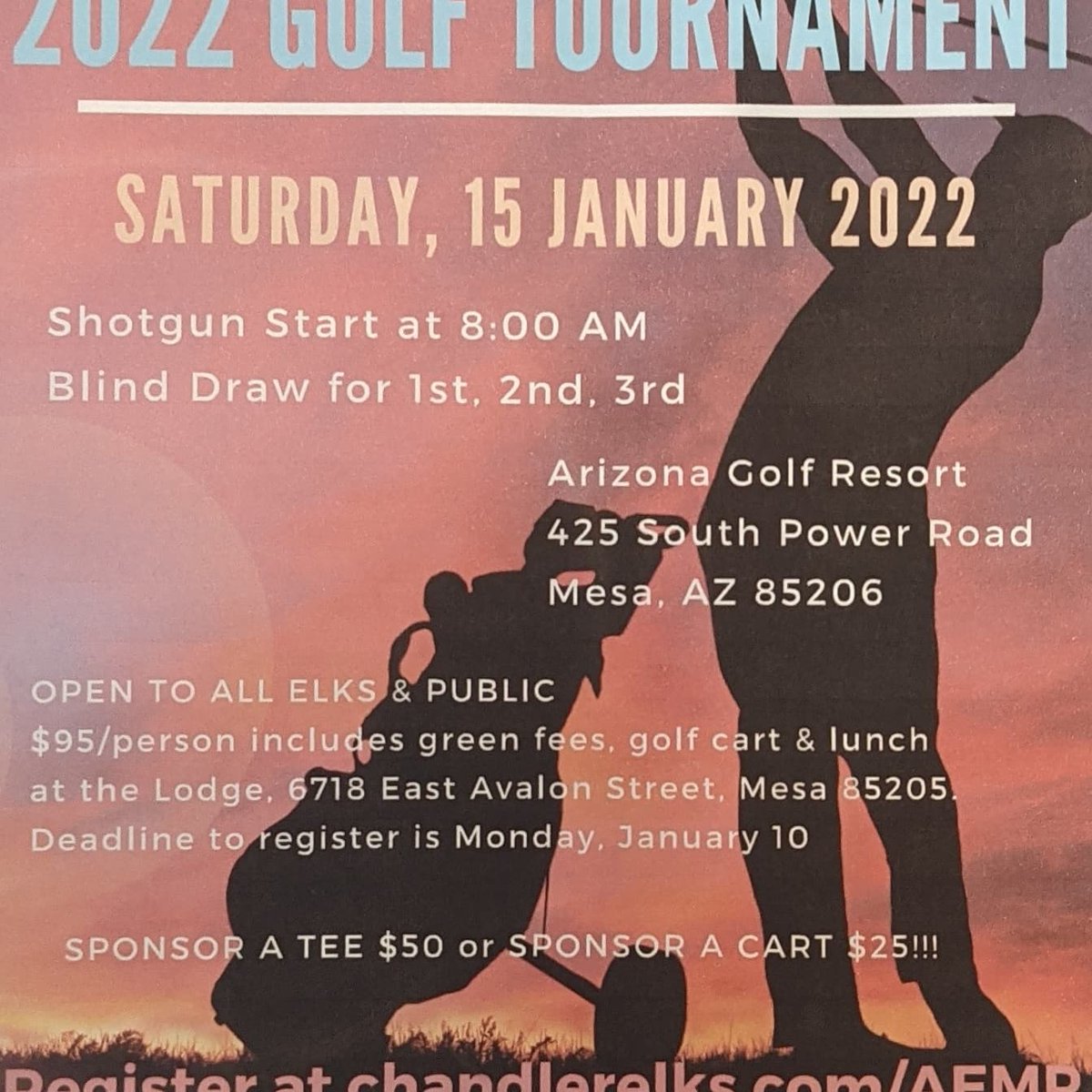 elks2656's tweet photo. Arizona Elks Major Projects Golf Tournament Saturday January 15th at 8am at Arizona Golf Resort. https://t.co/HnlFeAMBw1 select Mesa and register to golf and sponsor https://t.co/lvzn8MyVMp