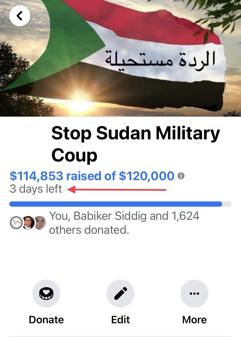 وقفتنا مع شعبنا ضد الإنقلاب ح تتواصل في السنة الجديدة و إلى أن ينهزم إنقلاب الشوم وتتحقق أحلام شبابنا بالدولة المدنية الكاملة بإذن الله. حملة فيسبوك الحالية ح تنتهي مع نهاية السنة. يلا همّتكم/ن في ال ٣ يوم الباقية، وكل عام ونحن أقوى. 

facebook.com/donate/5803875…

#الردة_مستحيلة