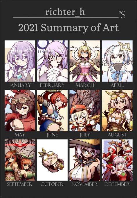 #Artsummary2021
#2021年の絵を振り返る 
Not much, but this year is more... crowded? Got some monsters too, which weren't a thing before.

To y'all who keep on checking on my journey so far, thanks for your support. You are all wonderful, and have a good one. 