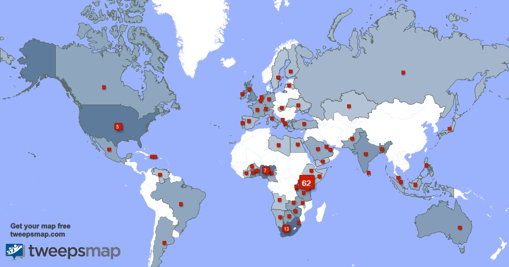 My followers are in Kenya(62%), South Africa(13%)
Get your free map tweepsmap.com/!ericsurungai