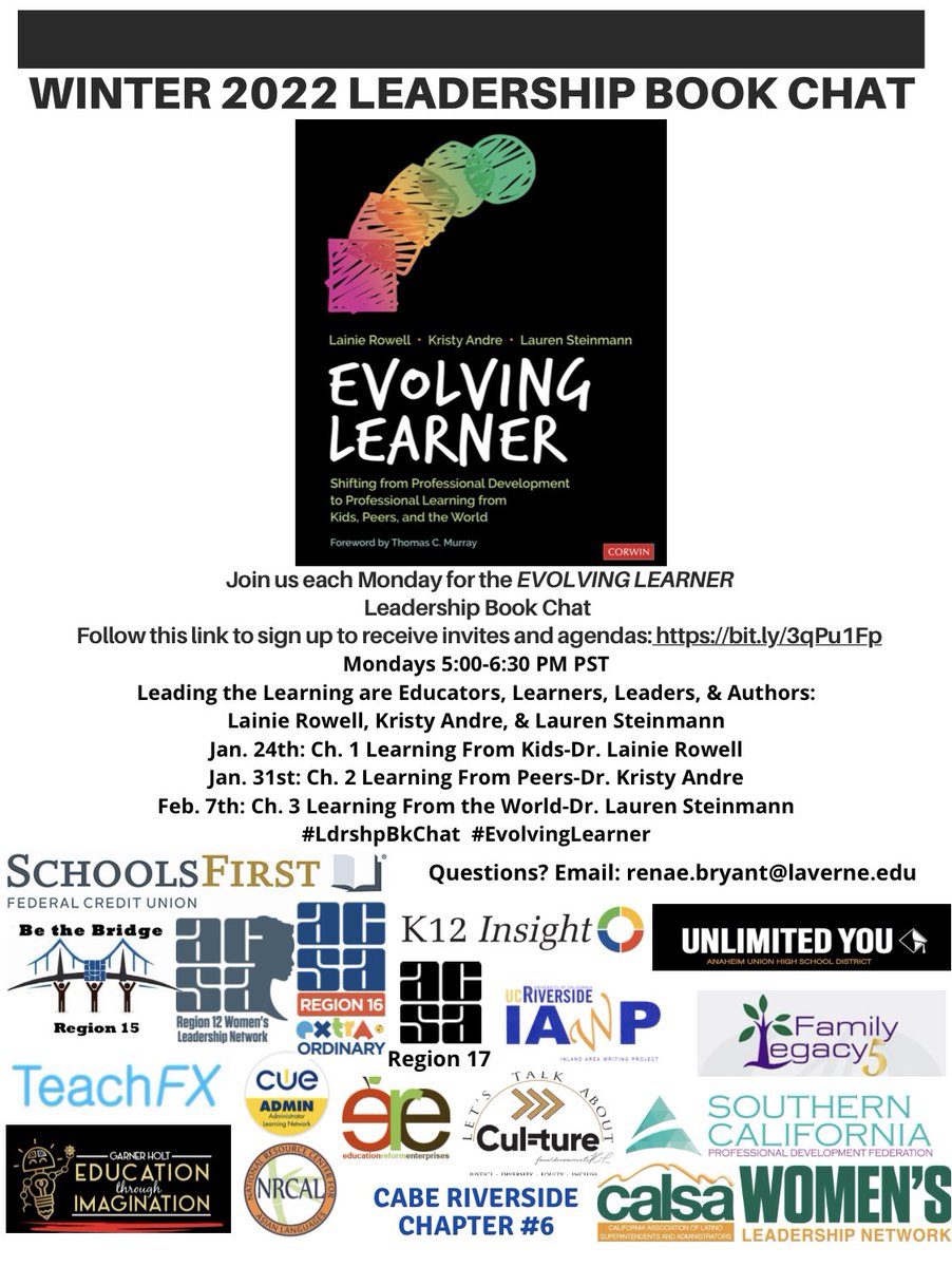 DrRenaeBryant's tweet image. We r excited 2 start r free #EvolvingLearner #Ldrshpbkchat in Jan w/ @LainieRowell @drkristyandre &amp;amp; @LaurenMStein. PL is an intentional shift from PD. Dr. Lainie Rowell will lead the learning on Ch. 1 Mon. 1/24 @ 5PM PST. 

Reg: bit.ly/3qPu1Fp