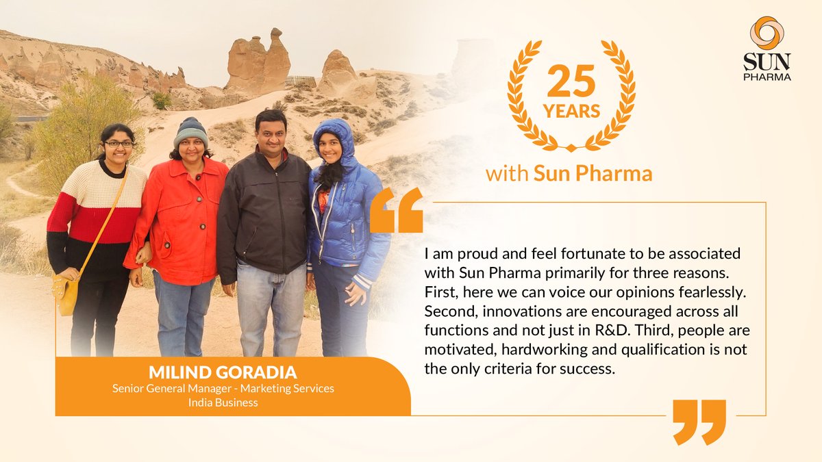SunPharma_Live's tweet photo. Having spent 25 years in Sun, Milind Goradia has found a perfect blend of limitless encouragement,  warm organizational culture, and immense support from colleagues and all these keep him going.

#SunPharma #LifeAtSun #ProudToBeWithSun https://t.co/DhXpe5Qa2d