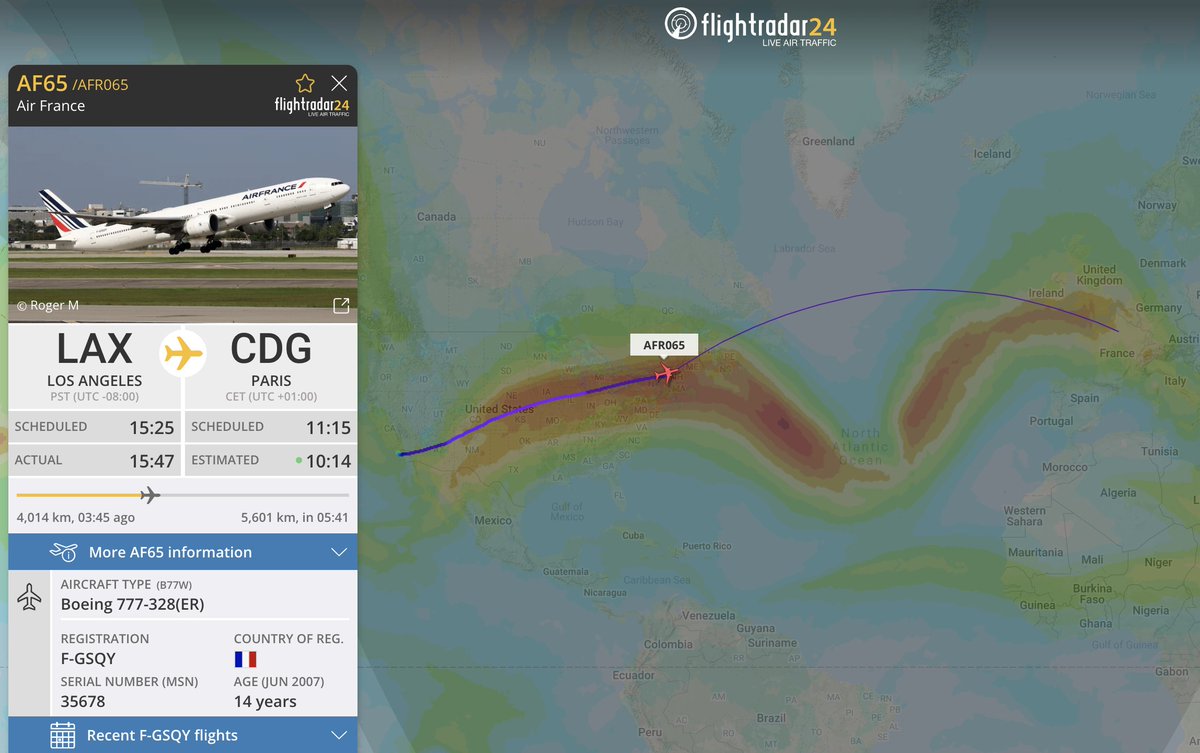 flightradar24's tweet photo. After departing Los Angeles ~20 minutes late, #AF65 will make it into Paris about an hour early thanks to a strong jet stream. https://t.co/NKXkMoalOw https://t.co/wvEk1E3eb6