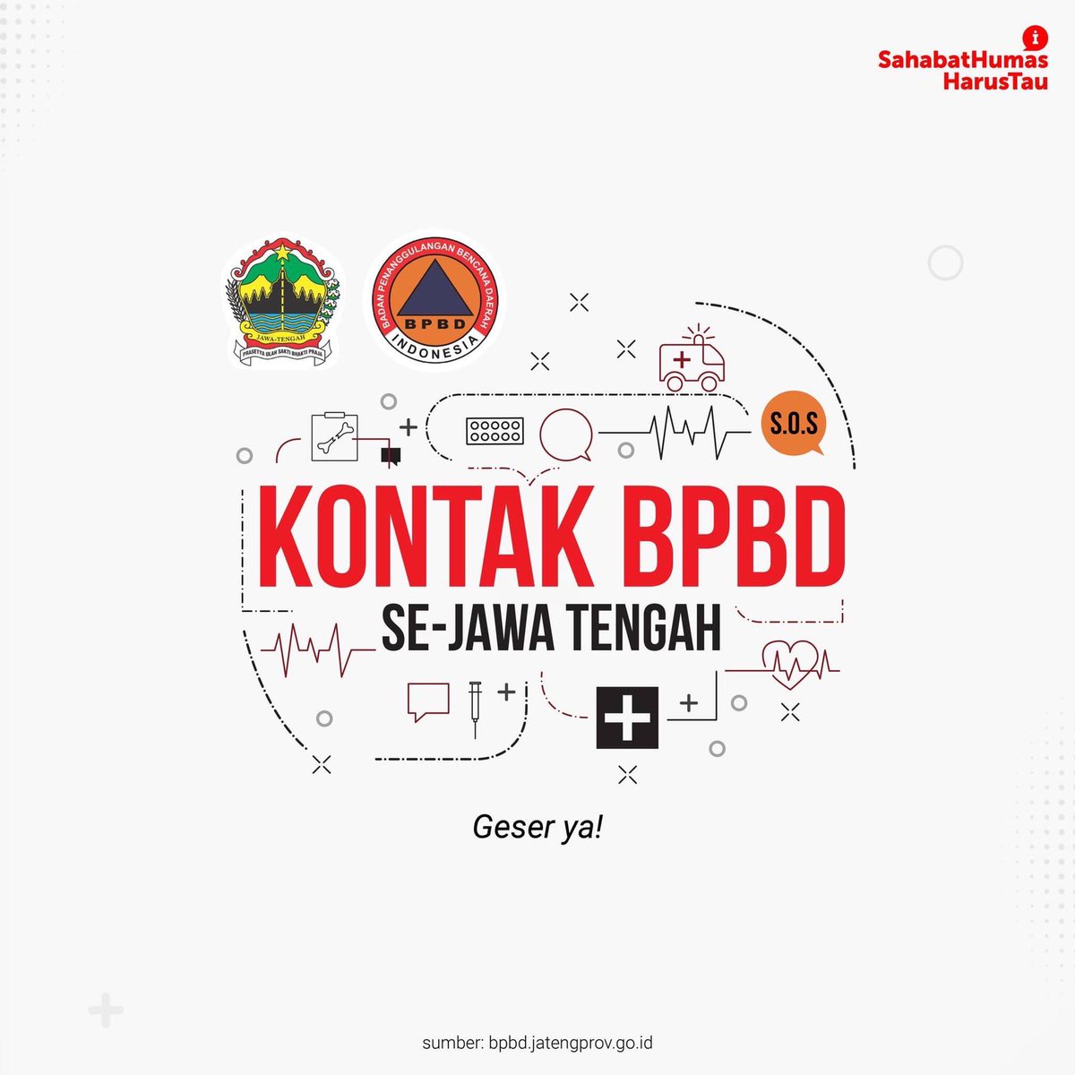 humasjateng's tweet photo. Bencana alam bisa terjadi kapan saja tanpa kita ketahui, jadi untuk berjaga-jaga jangan lupa save nomer Badan Penanggulangan Bencana Daerah (BPBD) sesuai daerah kamu ya.. 

Tetap waspada Sahabat Humas 🤗

@ganjarpranowo @TajYasinMZ 
#SiagaBencana #SiapUntukSelamat https://t.co/jCWwuh6pad