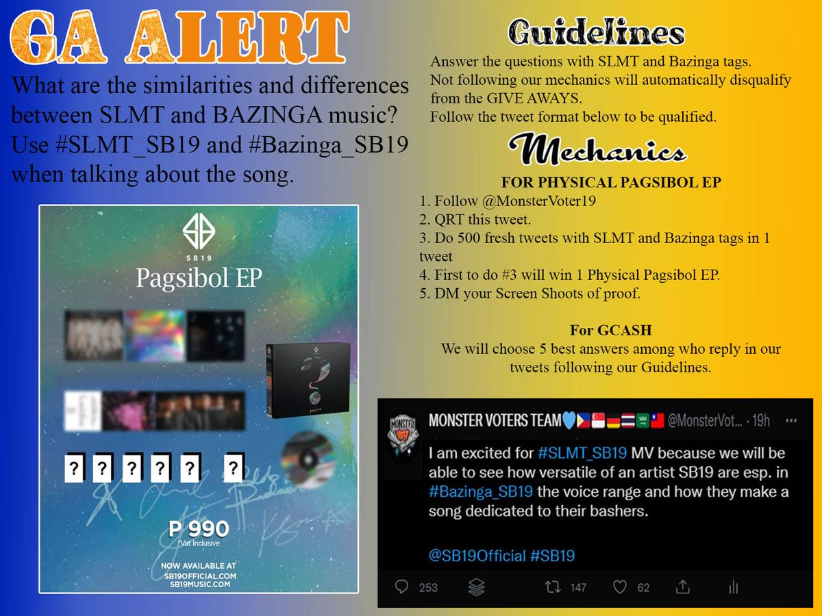 MonsterVoter19's tweet photo. 🚨GA ALERT🚨
Read carefully our guidelines and mechanics for you to win #SB19Pagsibol_PhysicalEP or Gcash

What are the similarities and differences between #SLMT_SB19 and #Bazinga_SB19

Follow the format in our PUBMAT

@SB19Official #SB19
Everything is a trial and error https://t.co/J5DcUnwZEZ