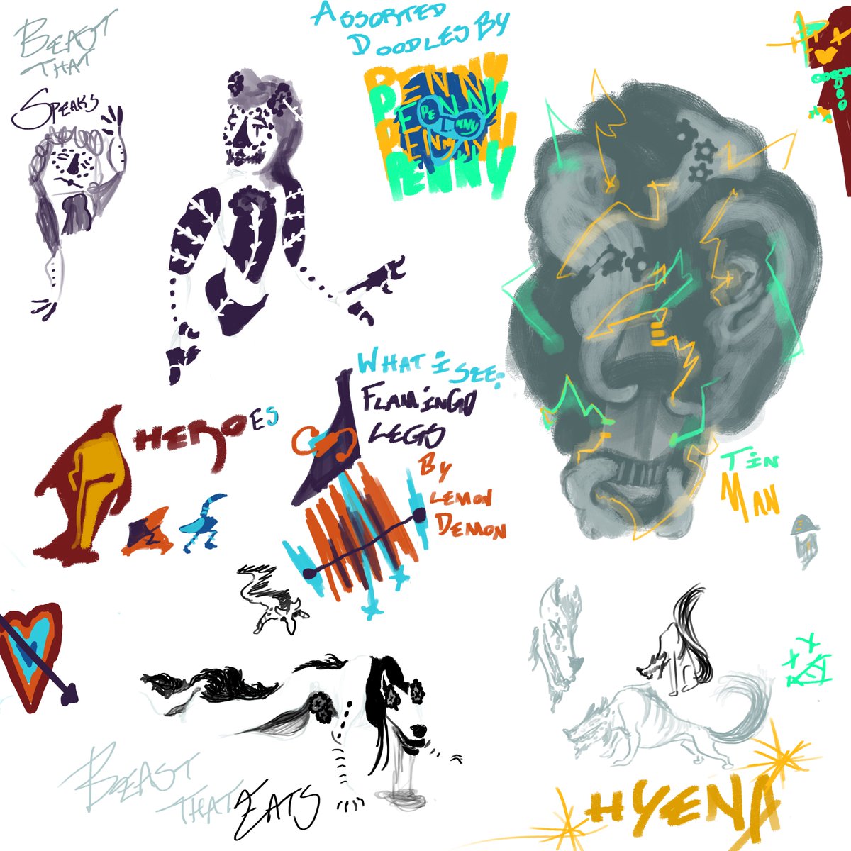 3outof10pennies's tweet photo. a tin man. two beasts. three heroes. what penny sees when she listens to flamingo legs. penny. penny. penny. penny. penny. penny. #digitalart #art #DOODLES #doodle #hyena #coloredart #lemondemon #figurepractice #handpractice #animalpractice #abstract https://t.co/KTrhzgbZEH