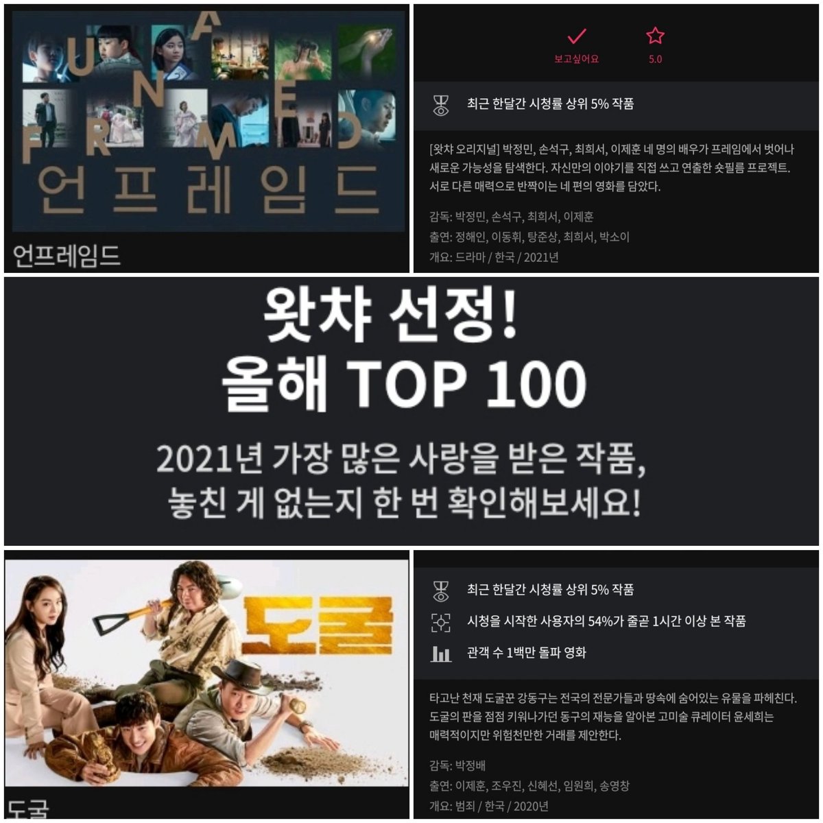 ⟪왓챠 선정! 올해 TOP 100⟫ 고생했어요 내감독님 내배우님 🧡 #이제훈 #언프레임드 #강동구 #도굴 그외 왓챠 #그린북 #중경삼림 #화양연화 #바그다드...