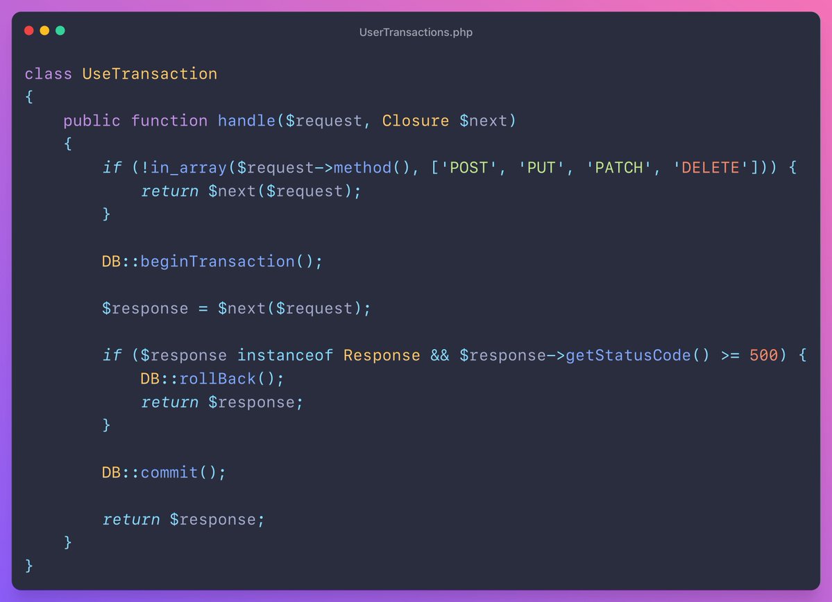 mmartin_joo's tweet image. 💡In a legacy #Laravel project, we introduced a Middleware that wraps every:

- POST
- PUT
- PATCH
- DELETE

request into a transaction. Instead of changing 100s of classes, it took only 10 lines of code: