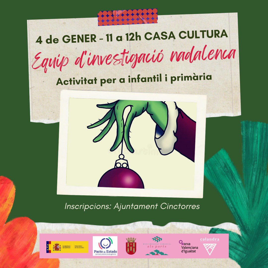 🔎🟣 EQUIP D’INVESTIGACIÓ NADALENCA 

✔️Activitat per a infantil i primària amb perspectiva de gènere. 

📅 4 de gener a les 11:00h a la Casa Cultura de #Cinctorres 

✍🏻 Inscripcions a <a href="/CinctorresAjunt/">AjuntamentCinctorres</a> 

<a href="/_elsports/">Mancomunitat Comarcal Els Ports</a> 
#IgualtatElsPorts
