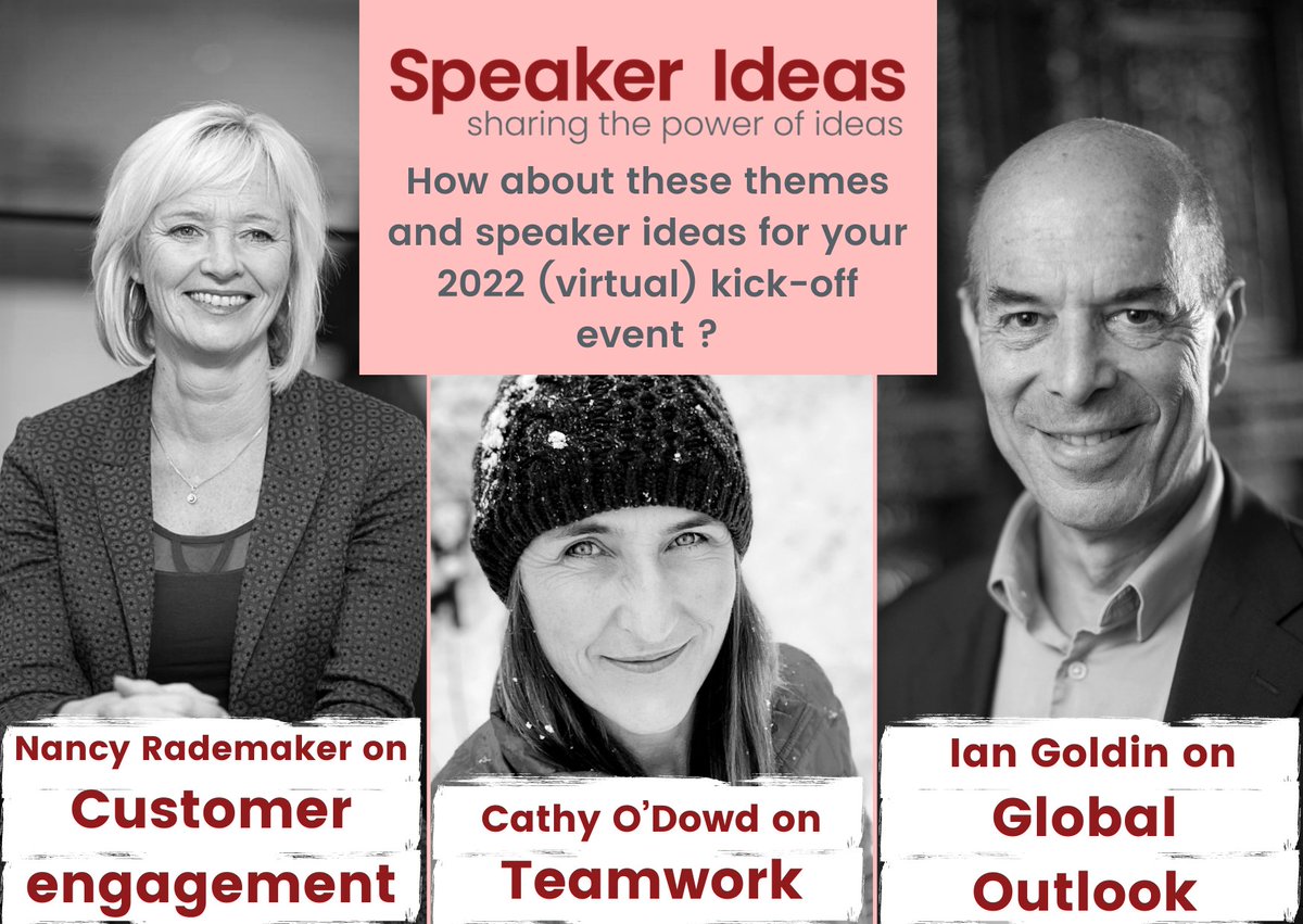 speakerideas's tweet image. Are you looking for #inspiration for your 2022 #kickoffevents?
We love to work with on @NancyRademaker Customer Engagement, on @CathyODowd on Teamwork and @ian_goldin on Global Outlook.

#customerengagement #teamwork #globaloutlook #speakerideas #virtualspeakers #keynotespeakers