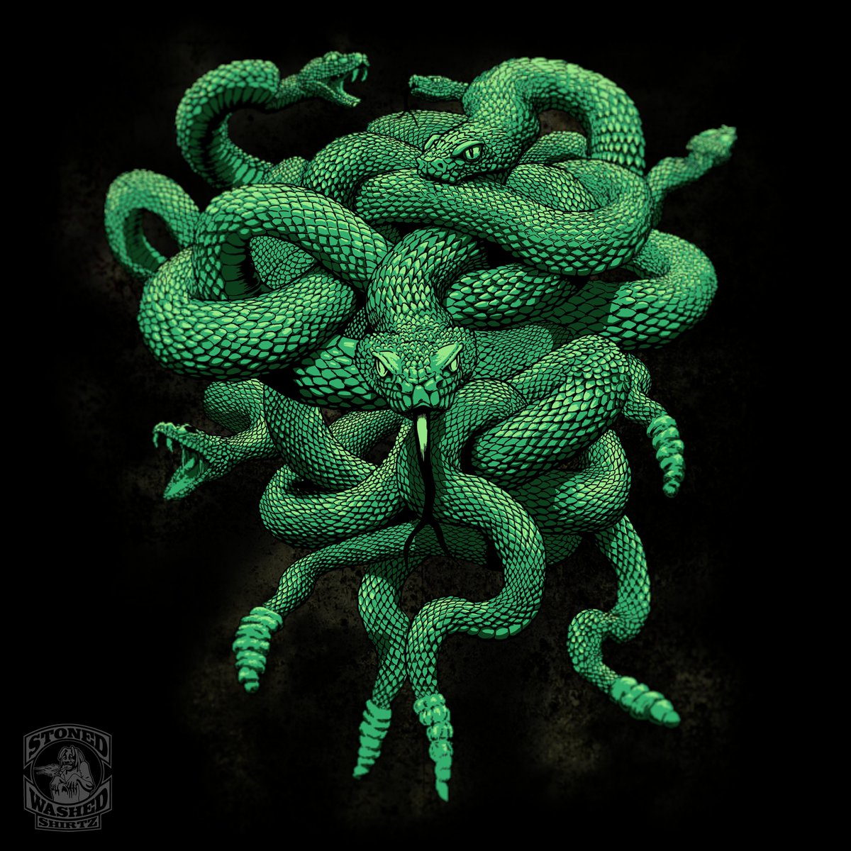 Wir nutzen die letzten Meter des Jahres 2021, um Euch noch eins unserer neuen Motive vorzustellen. Dieses hier wird „Snakepit“ heißen und soll Anfang des kommenden Jahres auf Textilien gedruckt werden. 
#illustration #shirtdesign #snakepit #snakes #rattlesnake #Schlange #darkart