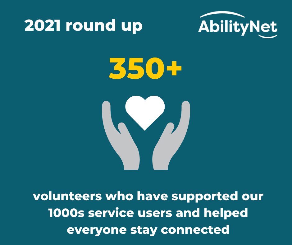 2021 is almost over! Here is our 2021 round up. 

We have 350+ #Volunteers who have supported our service users and helped everyone stay #Connected. They have gone above and beyond and we want to thank them all.

Want to become a volunteer? Find out more: abilitynet.org.uk/at-home/join-o…