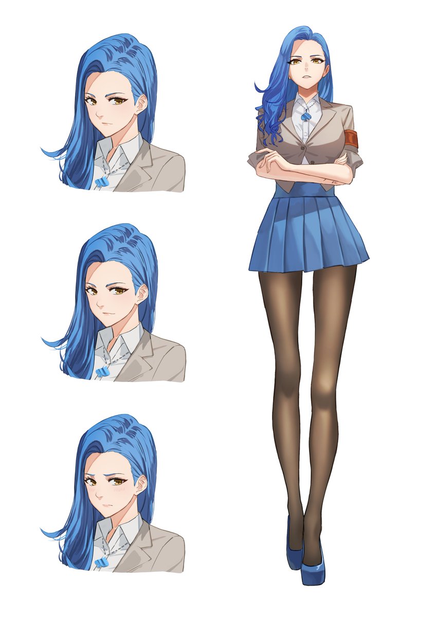 1girl pantyhose blue hair skirt blue skirt blue footwear crossed arms  illustration images