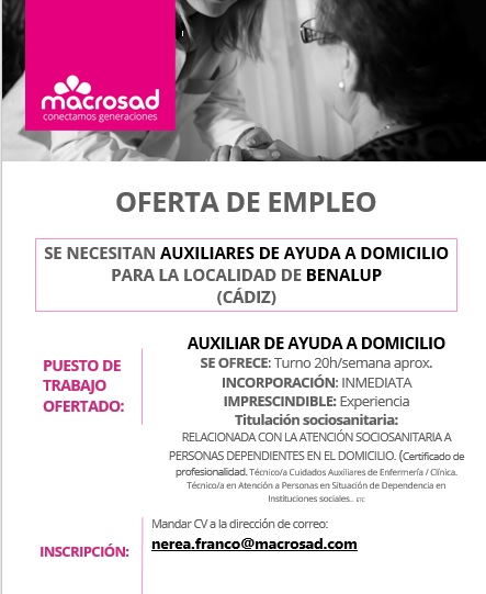 AytoBenalupCV's tweet photo. Macrosad busca auxiliares de ayuda a domicilio para Benalup-Casas Viejas #Actualidad #Benalup #Empleo #Macrosad #ServiciosSociales https://t.co/qfZpvPfkpK https://t.co/cqmzppFeoQ