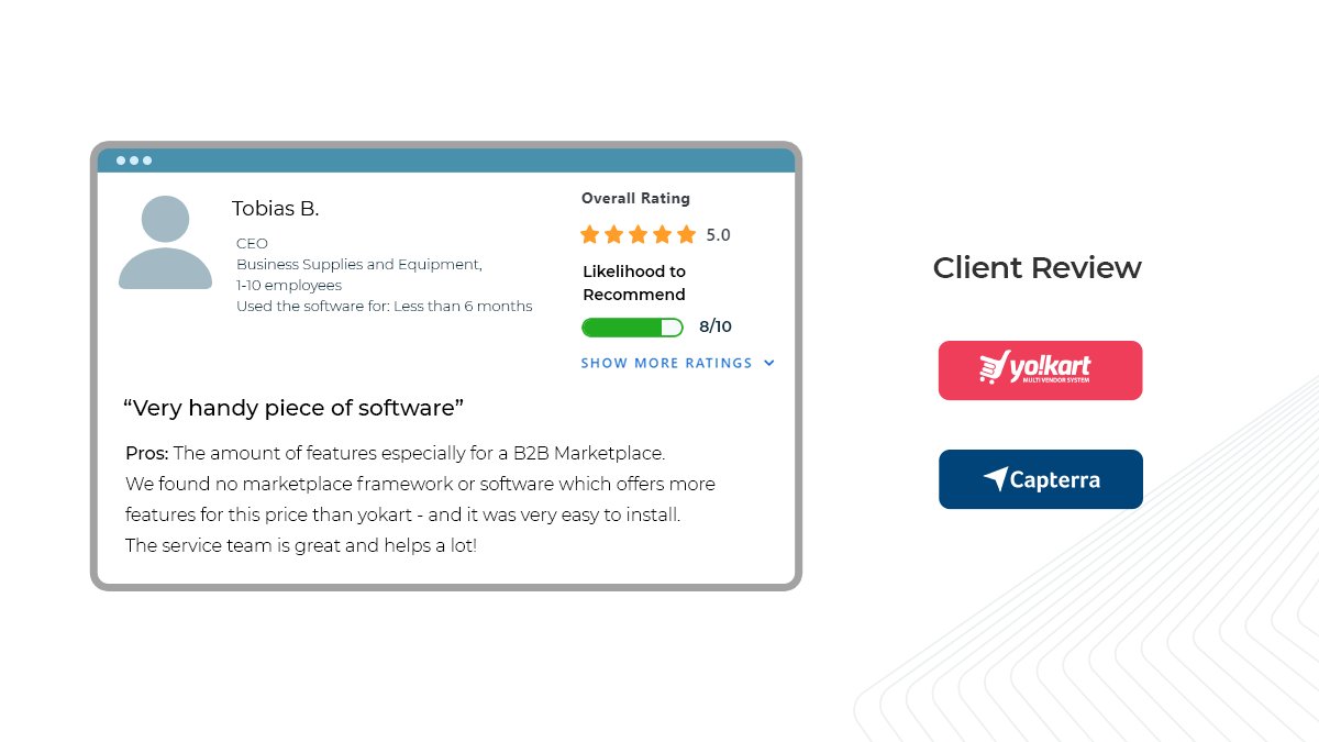 Yo_Kart's tweet image. Client Review on @Capterra for Yo!Kart #B2B!

&quot;We found no marketplace framework or software which offers more features for this price than #YoKart - and it was very easy to install.&quot;

capterra.com/p/147559/Yo-Ka…

#b2becommerce #b2becommerceplatform #capterra