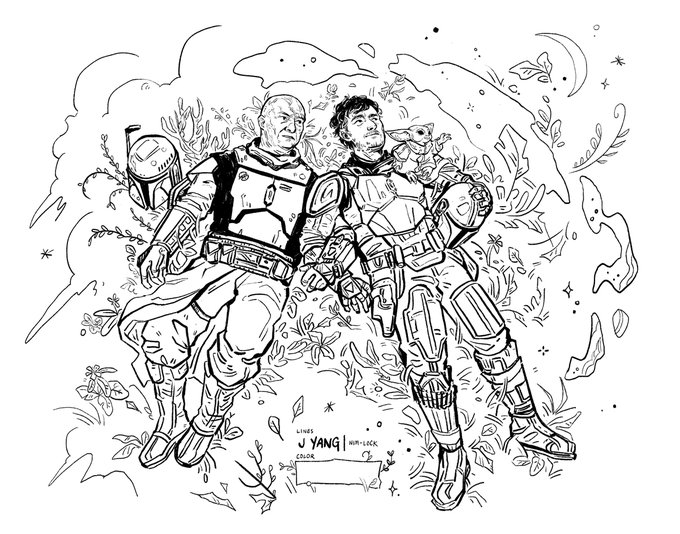 I made a coloring page as part of a small event!

[Boba, Din, and Grogu lay outdoors; the greenery is superimposed with the sky. Grogu reaches up in wonder, as Boba glances over, not at the sky, but at his companions. He never thought he would get this far.] #bobadin 