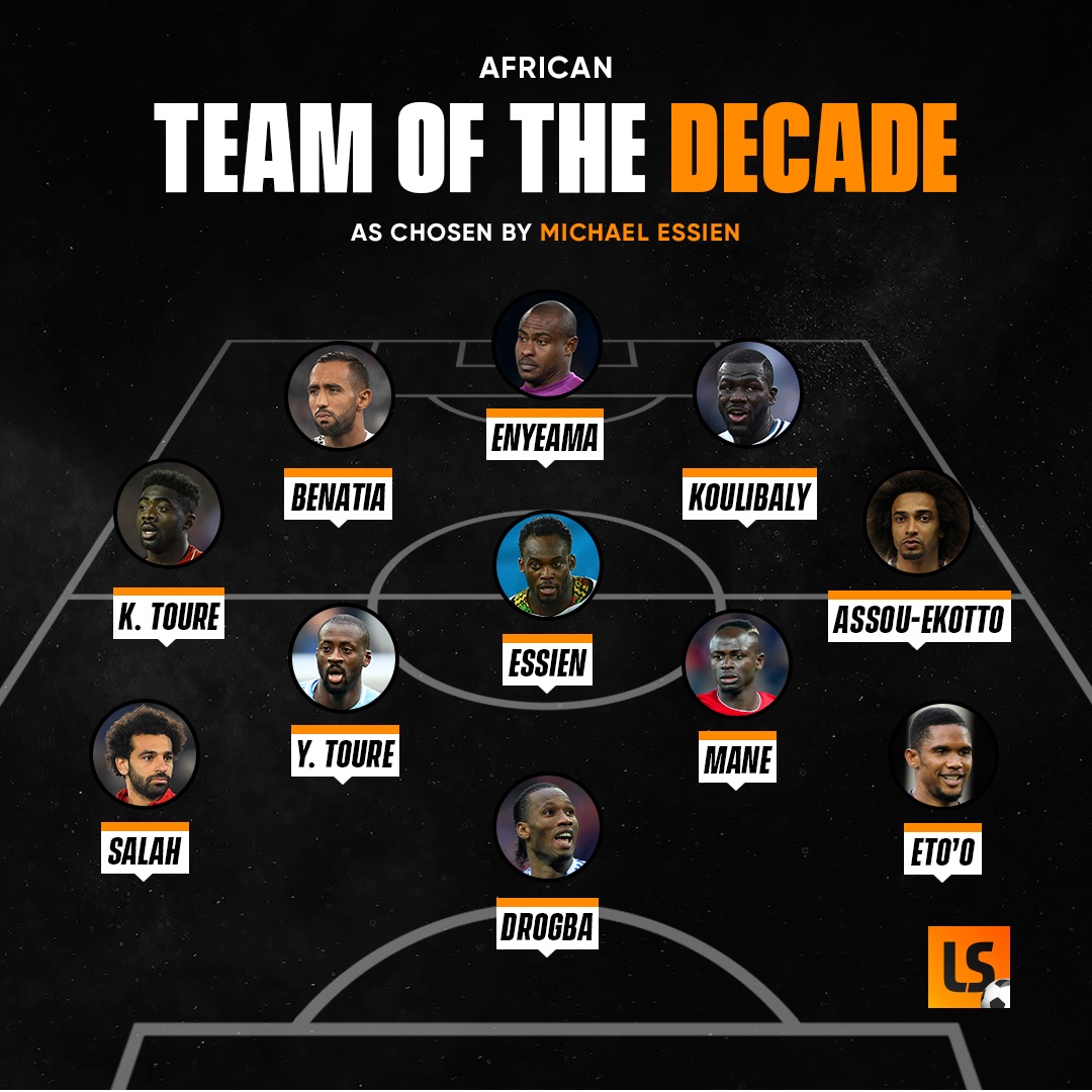LivescorebetNG's tweet photo. A while back, Michael Essien chose his African Team of the Decade ๐๐ฌ๐ญ
Do you agree? ๐คทโโ๏ธ
#TeamOfTheDecade
#AFCON2021
#AFCON2022 https://t.co/OFbHp6FIai