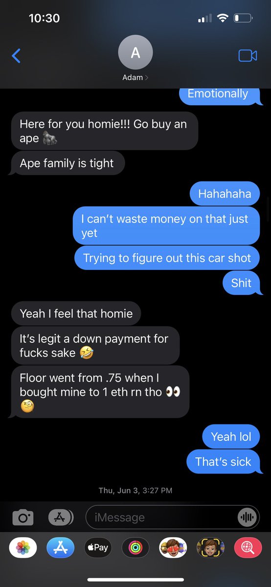 When you look back at convos you ad with <a href="/AdamZiz/">cringelord🛡️</a> realizing he was giving 1/4 Million dollar financial advice you can only just laugh at not trusting your friends. 😅 <a href="/BoredApeYC/">Bored Ape Yacht Club 🍌</a>