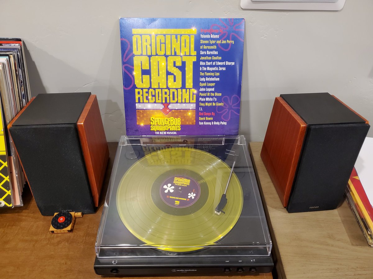 BoardGameHaver's tweet photo. Hanging out with the eldest listening to one of his presents. Such a great pressing!!! So proud of everything he accomplished with Spongebob. #vinyladdicts #spongebobmusical #PatrickStar #superseastarsavior #theatregeek https://t.co/zDRqWR9kKB