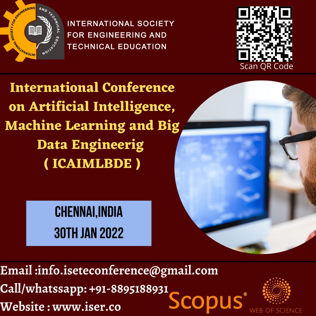 ConferenceIsete's tweet image. International Conference on Artificial Intelligence, Machine Learning and Big Data Engineering (ICAIMLBDE - 2022)
Place: Chennai, India
Date: 30th January 2022
Website link: bit.ly/3HkAcrr#isete #upcomingconference2022 #BigDataEngineering #machine #learning #researcher