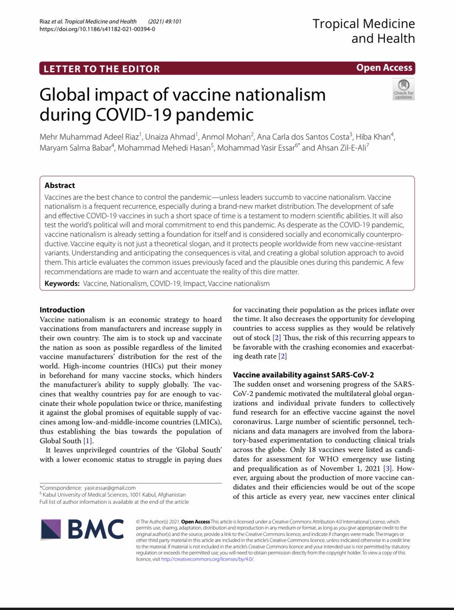 Publication 🚨: 
Vaccines are the best chance to control the pandemic—unless leaders succumb to vaccine nationalism.
Its an honor to have my 2nd article published in <a href="/BioMedCentral/">BMC</a> !

<a href="/unaiza_verse/">Unaiza</a> @EssarYasir @ahsanzileali 

tropmedhealth.biomedcentral.com/articles/10.11…

#vaccine #nationalism