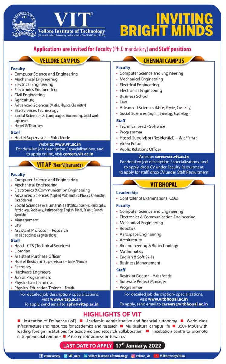 Inviting the Best Minds to be a part of One Intellectual Family.  The last date to apply is January 17, 2022
 #VelloreInstituteofTechnology #recruitment #StaffRecruitment #VITHiring #VIT