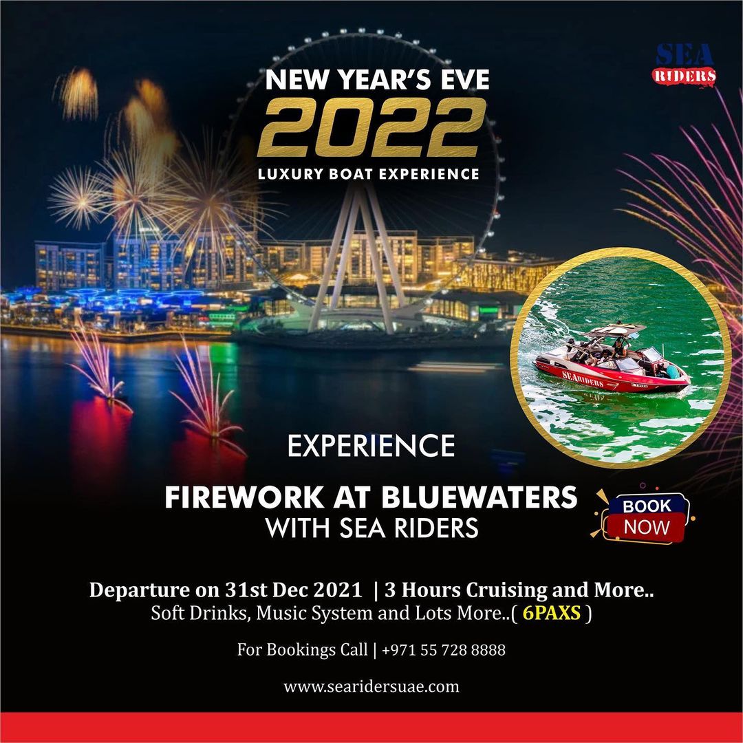 SeaRidersUAE's tweet photo. NYE HERE AGAIN 🎉🎉This season experience Firework at Bluewaters with your family &amp; friends with Sea Riders
Soft drinks, Music system and lots more
Departure on 31st Dec 2021 (6Pax)
For more info call | +971 557288 888

#BoatParty #NewYear2022 #Fireworks #NYE #NYE2022 #Yachting https://t.co/UKTCBicu1U