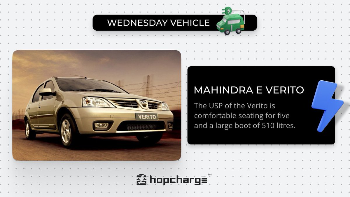 Hopcharge's tweet photo. E-verito is the second fully electric car from Mahindra &amp; Mahindra.
What do you think of this vehicle?
@MahindraElctrc 
#wednesdayvehicletips #goelectric #car #hopcharge #wednesdayvehicle #evworld #everito #mahindracars #mahindraev https://t.co/fc1VmEXNuq