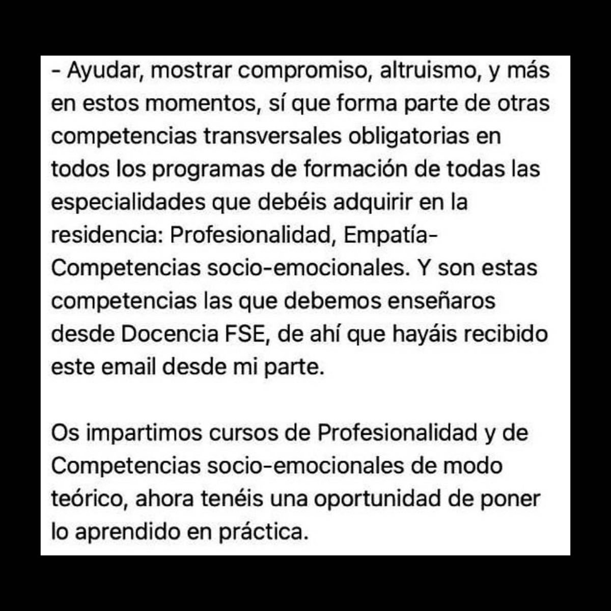 AsociacionMIRe's tweet photo. ‘No busquéis que todo el trabajo que hacéis se os remunere con dinero, esa no es la posición de ayuda y servicio que conllevan las especialidades de FSE’

LAS HORAS EXTRA HAN DE SER VOLUNTARIAS Y REMUNERADAS

#EXPLOTACIONMIR https://t.co/YtwptIG72A