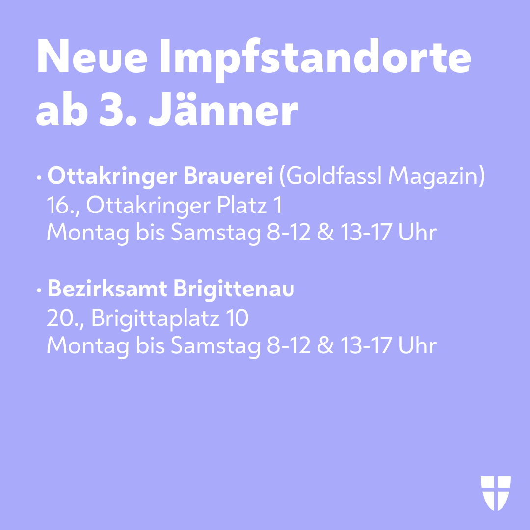 Stadt_Wien's tweet photo. Wir eröffnen am 3.1. gleich zwei neue Impfstandorte. Hier könnt ihr euch ohne Termin mit dem Impfstoff von BioNTech/Pfizer impfen lassen. 💪 😊
Eine Übersicht über unser terminloses Impfangebot findet ihr hier ➡️ https://t.co/svjfpV0TRk
#CoronaVirusAT #Covid19 https://t.co/nCMHEY82Va