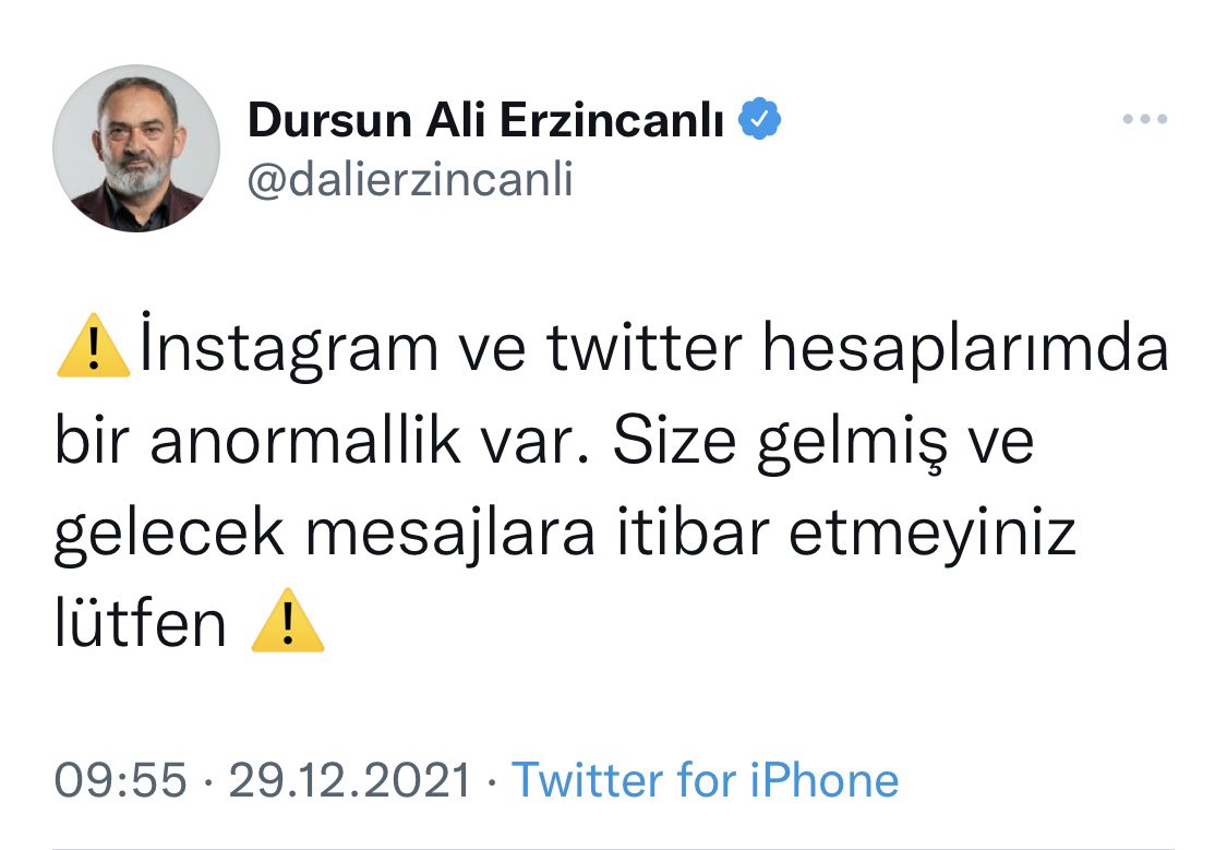 DİKKAT ⚠️ 
Değerli dostum <a href="/dalierzincanli/">Dursun Ali Erzincanlı</a>’nın hesapları maalesef ele geçirilmiş durumda.
Gelen mesajlara itibar etmeyin!